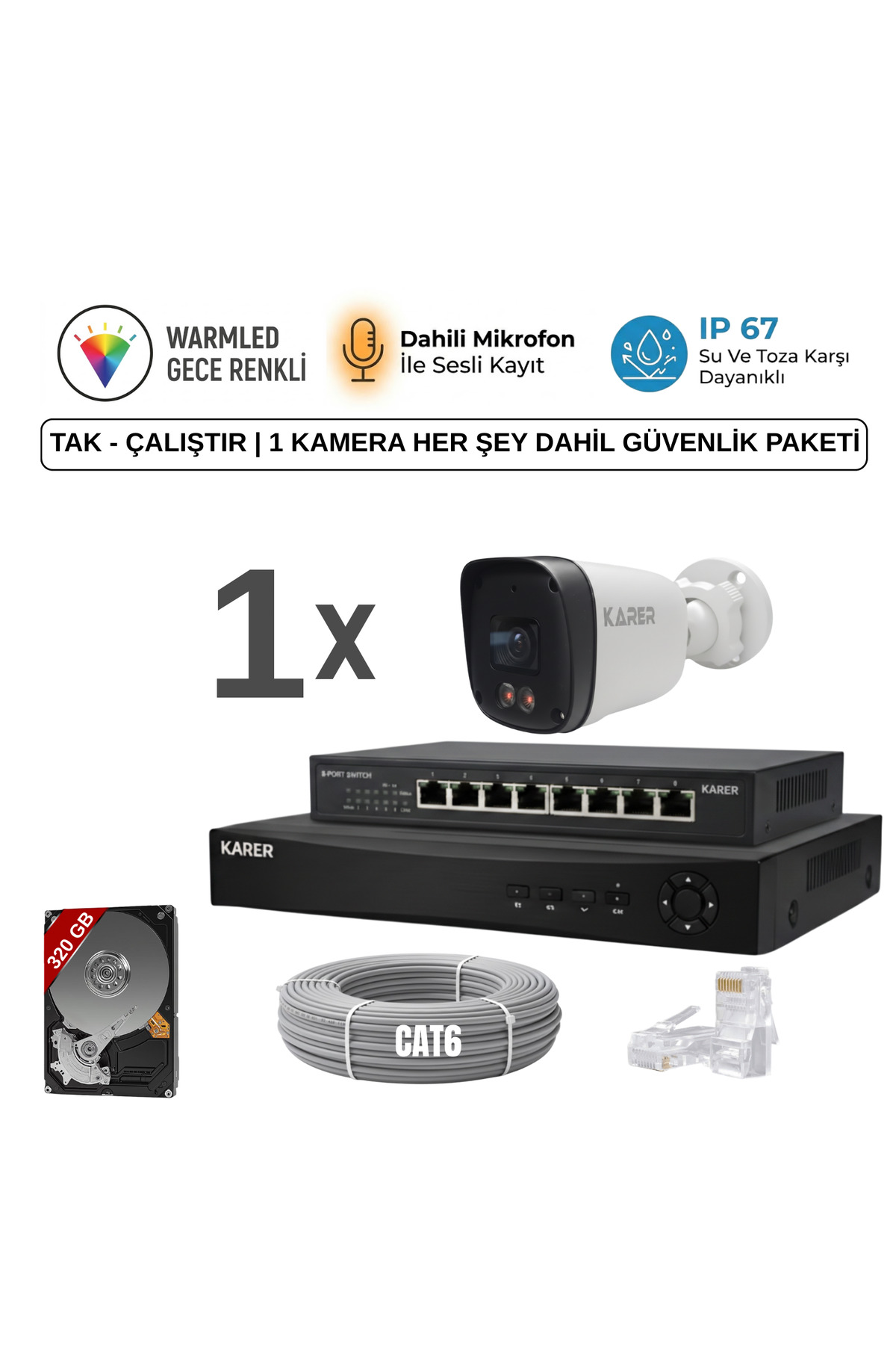 1 KAMERALI ULTRA HD 5MP IP POELİ-SESLİ-RENKLİ GECE GÖRÜŞLÜ-İNSAN ve PLAKA ALGILAMALI GÜVENLİK SETİ