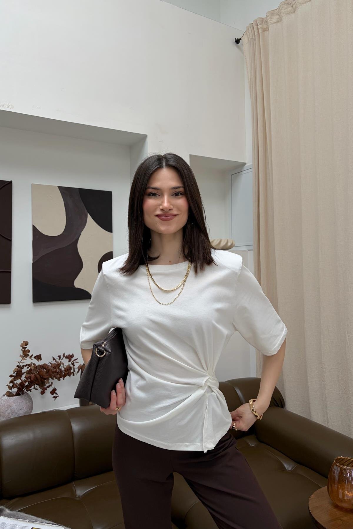 mylove  Vatkalı Ön Büzgü Detay Tshirt Beyaz