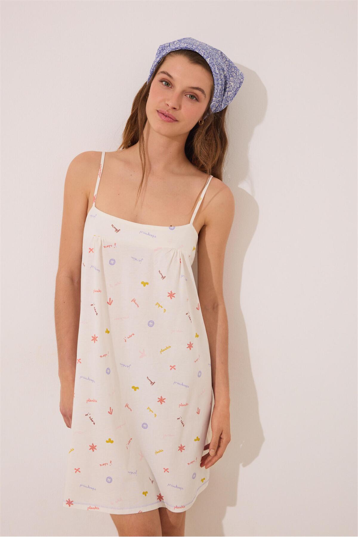 Perspective Women Secret Beyaz Baskılı İnce Askılı Kısa Gecelik