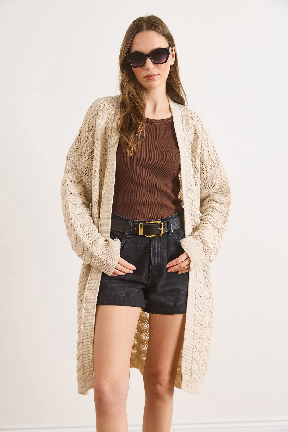 Olalook  Kadın Taş Deniz Kabuğu Desenli Uzun Mevsimlik Triko Hırka HRK-19000468 - Görsel 2