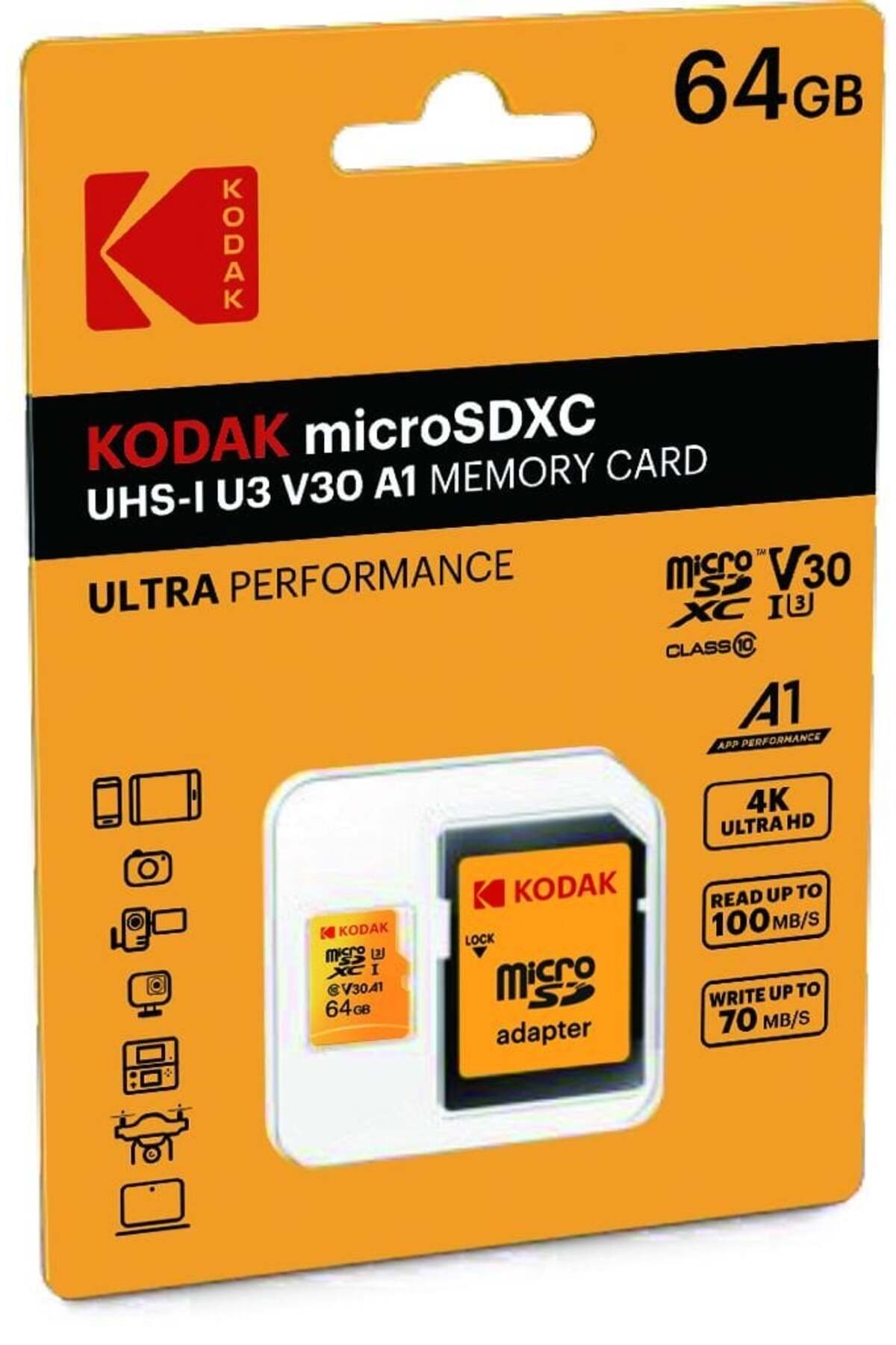 Kodak 64GB UHS-I U3/V30/A1 Yellow Micro SD + Adaptör - Fiyatı