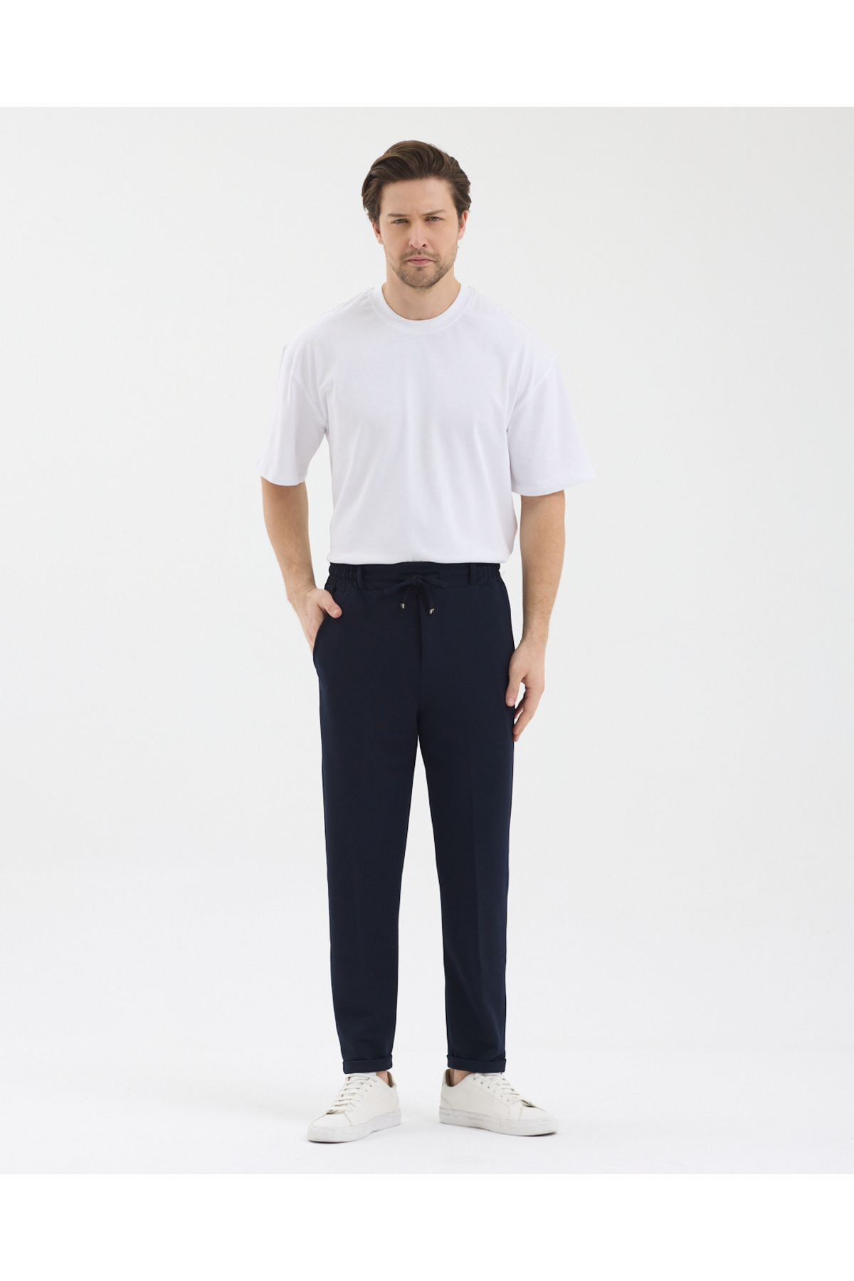 pandy  Erkek Bel Lastikli Yarım Kemerli Likralı Paça Katlamalı Regular Fit Pantolon - Görsel 4