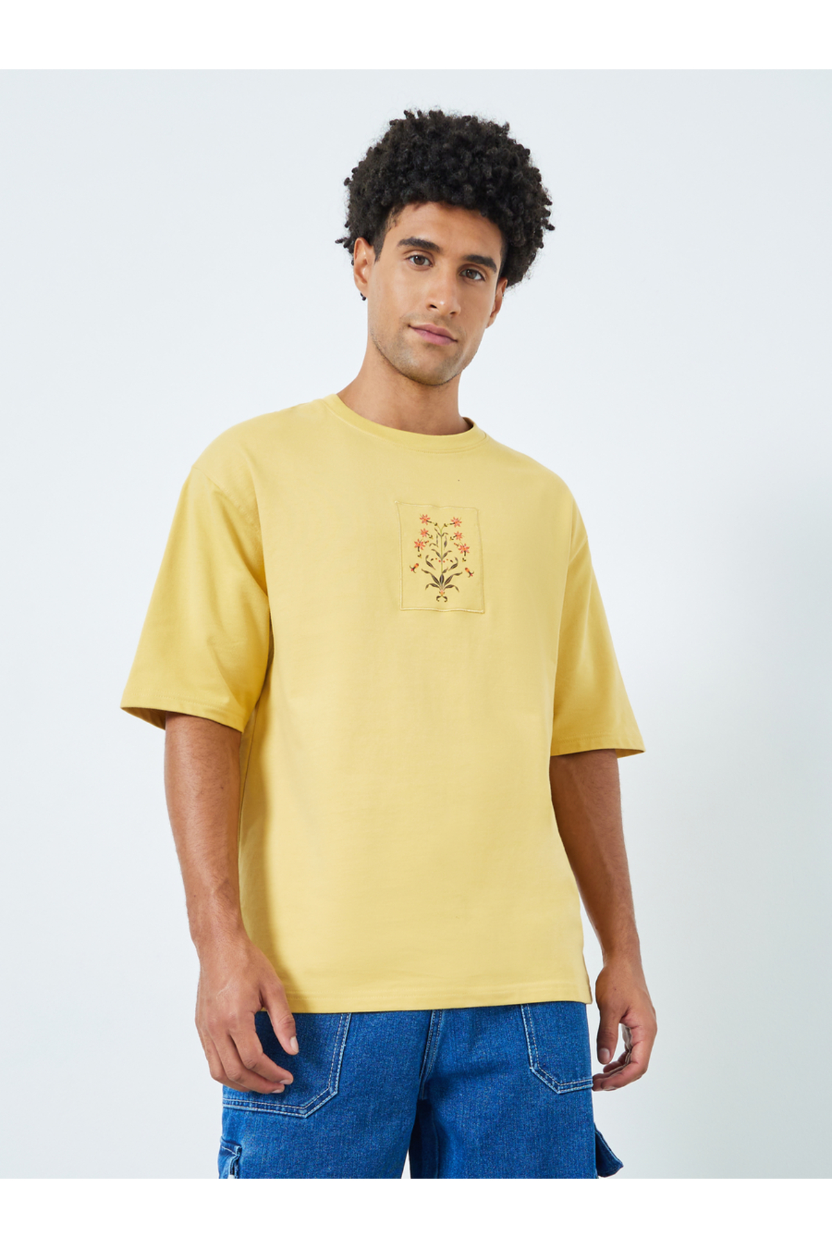Styli Men Floral Applique Print Oversized T-Shirt