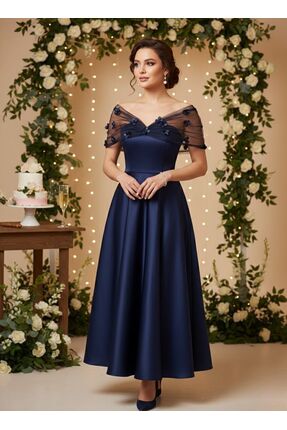 KADİR KORKMAZ GİYİM Prenses Model Astarlı Ara Boy Saten Kayık Yaka Abiye Elbise