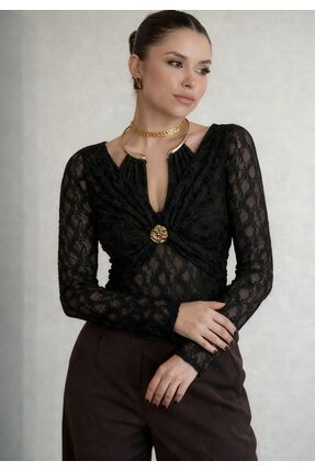 rengafashion Kadın Damla Yaka Gold Detay Dantel Tasarım Bluz