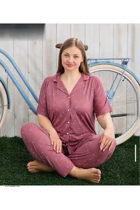 Pijamoni Milan Gömlek Yaka Önden Düğmeli Battal Beden Kısa kollu Pijama Takım...