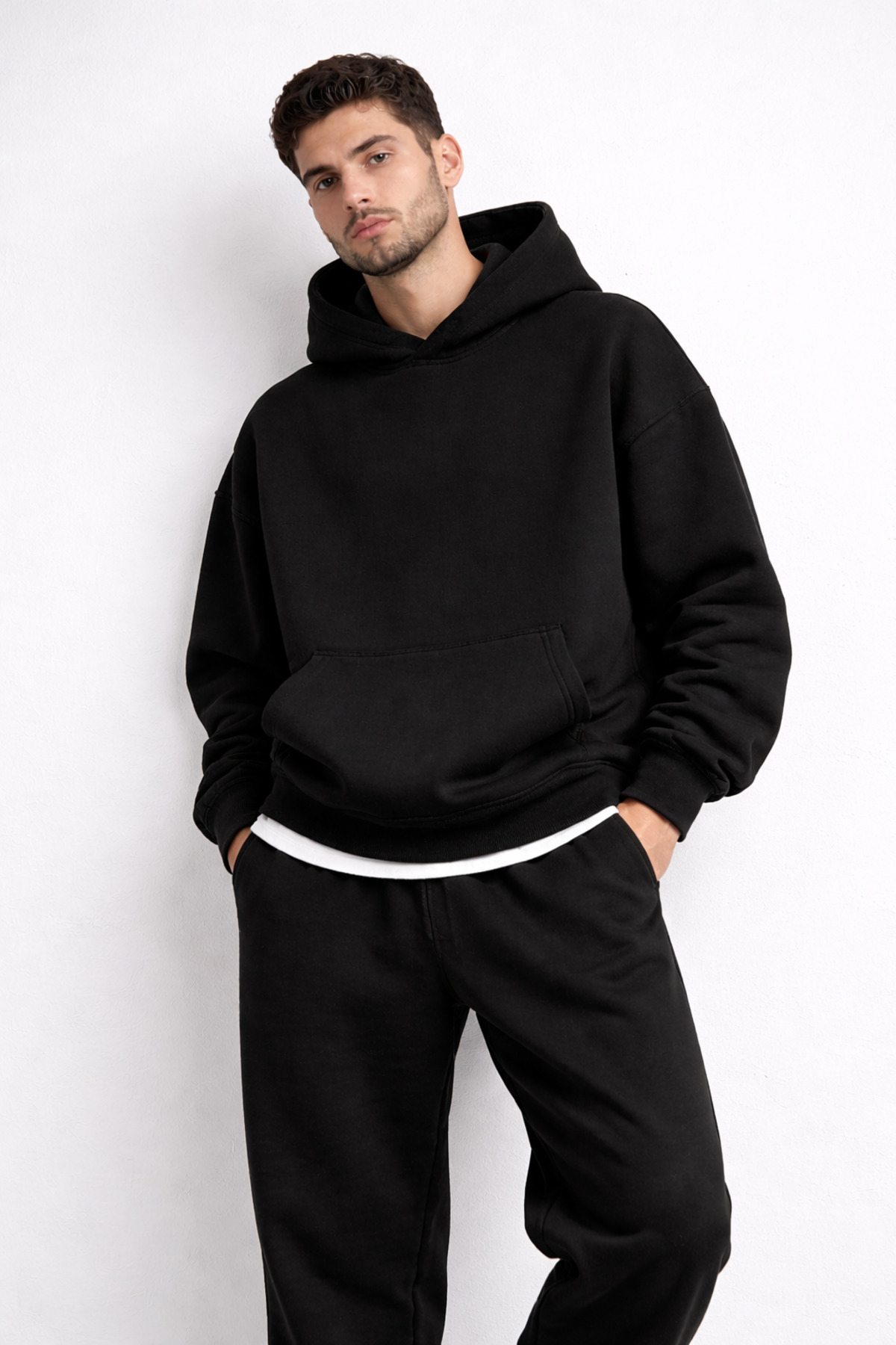 Regular Unisex Kapüşonlu Basic Düz İçi Kalın Polarlı Eşofman Takımı — مشکی RBTKS001 — تصویر 2 از 6