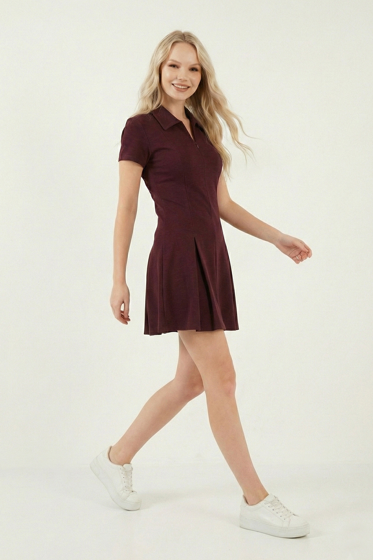 Lela  Fitted Fit Klasik Yaka Fermuar Detaylı Pileli Mini Elbise ELBİSE 5866659 - Görsel 3