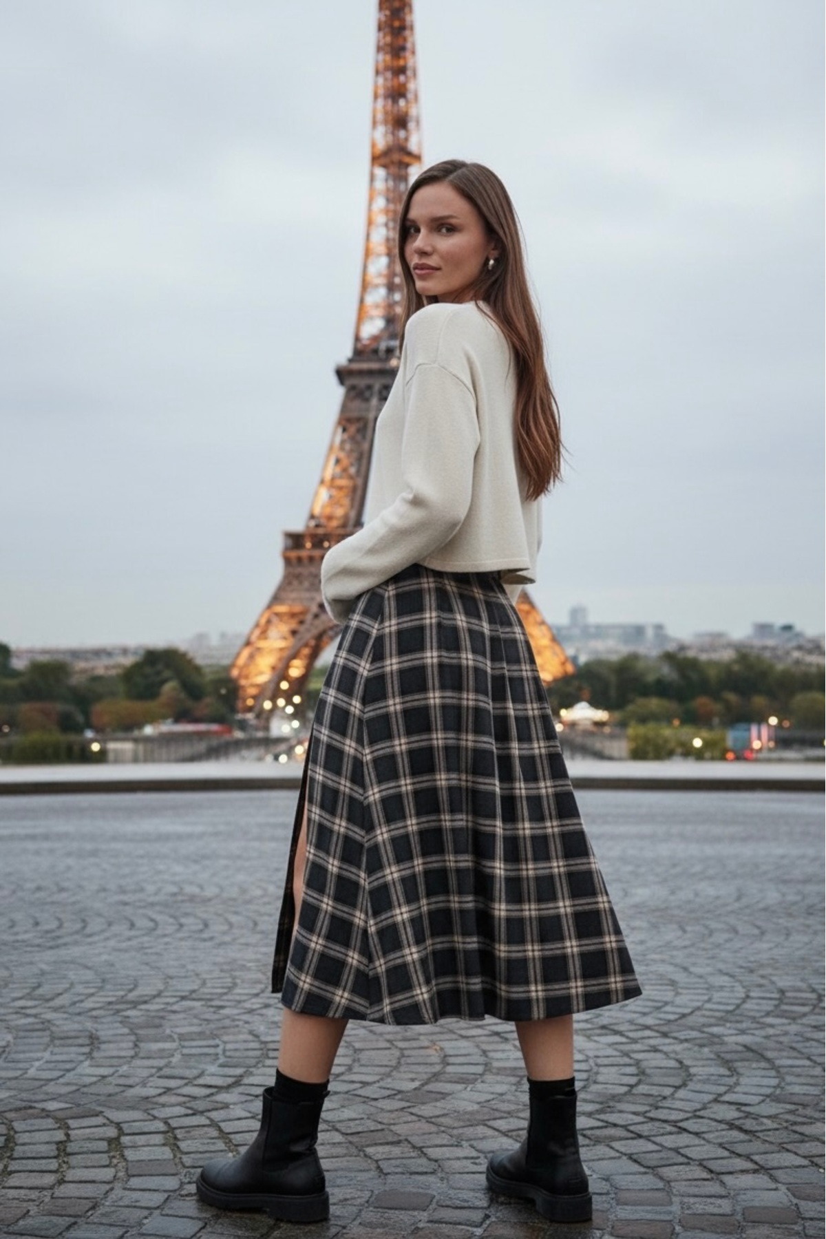 Hisleria  Kadın Kemer Detay Kareli Yırtmaçlı Kloş Etek - Antrasit Vizon - Görsel 4