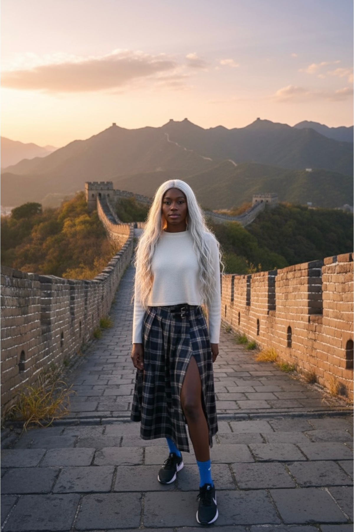 Hisleria  Kadın Kemer Detay Kareli Yırtmaçlı Kloş Etek - Antrasit Vizon - Görsel 5