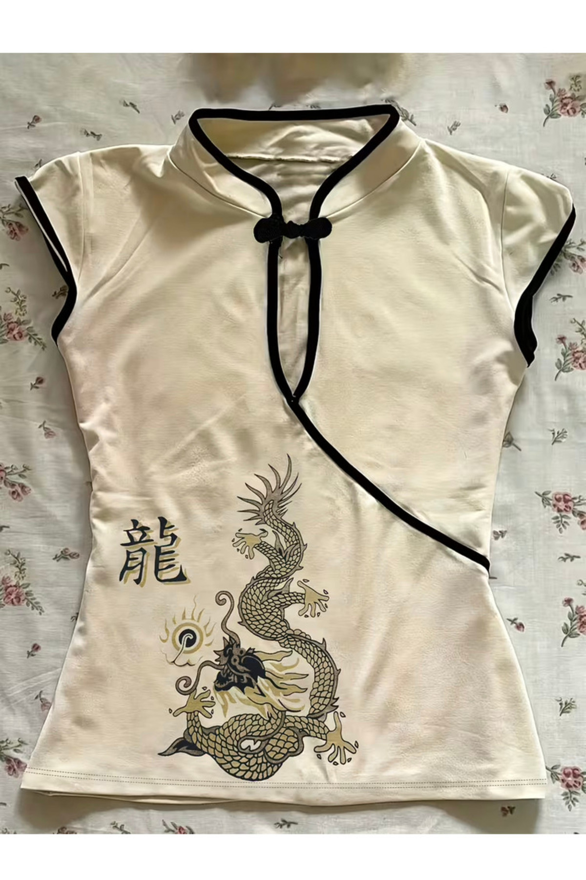 Köstebek  China Style Mandarin Yaka Vintage Dragon Kısa Kollu Bluz