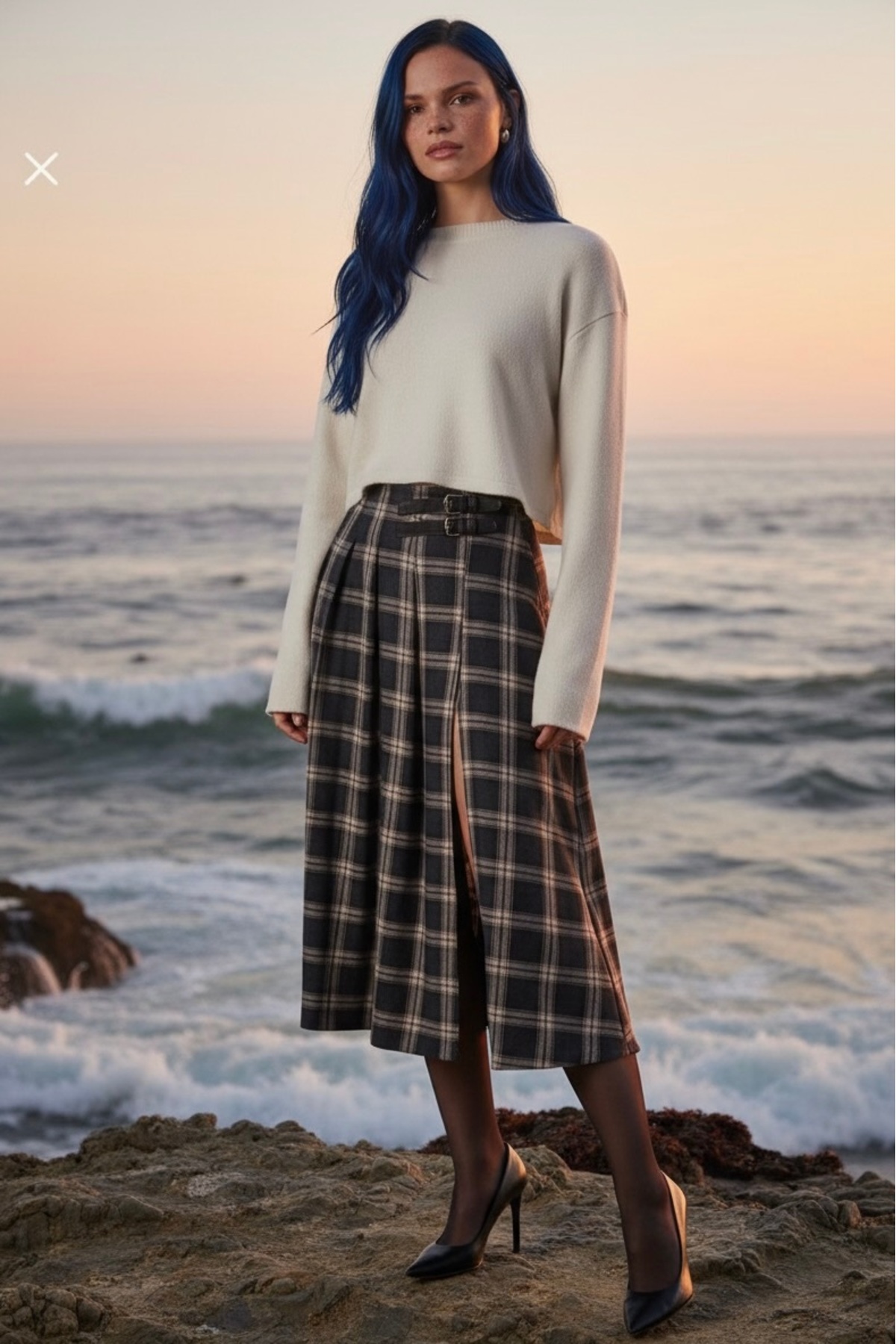 Hisleria  Kadın Kemer Detay Kareli Yırtmaçlı Kloş Etek - Antrasit Vizon - Görsel 2