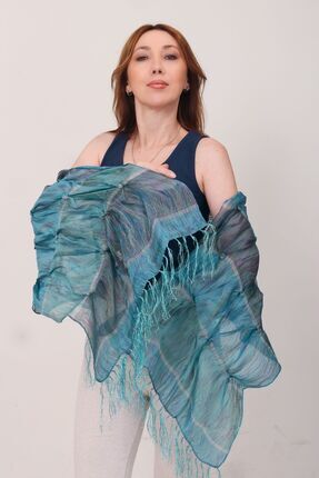 Mystic Shawl Lüks İpek Mavi Çok Renkli Şal (54x188 cm)