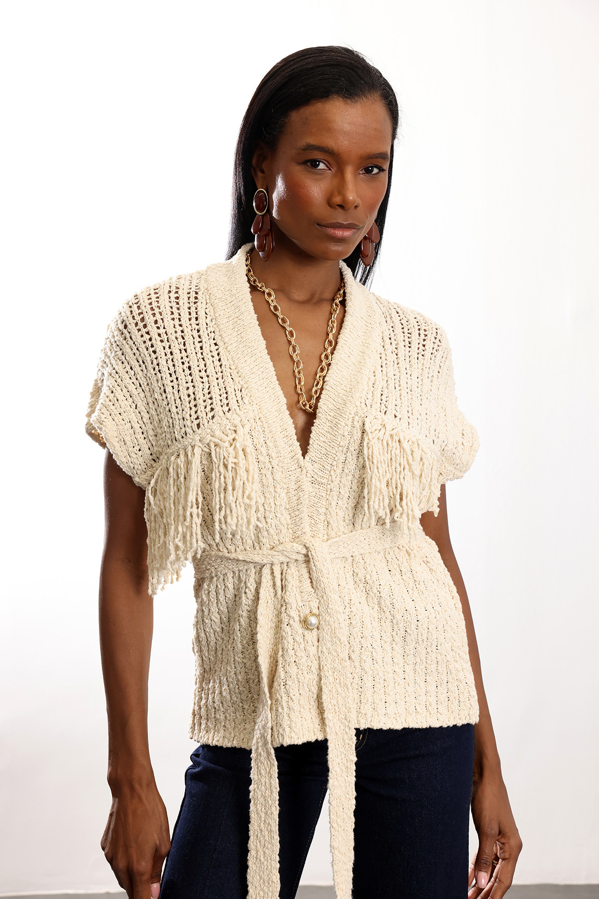 5in1Canpolat  Bej Kuşaklı Merserize Hırka 2594 - Görsel 4