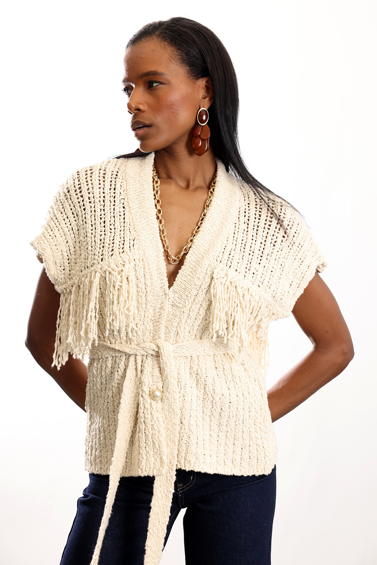 5in1Canpolat  Bej Kuşaklı Merserize Hırka 2594 - Görsel 3