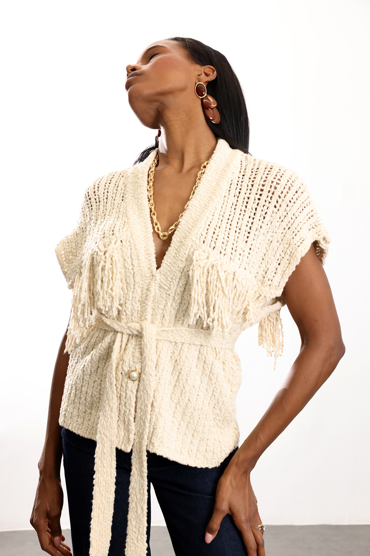 5in1Canpolat  Bej Kuşaklı Merserize Hırka 2594