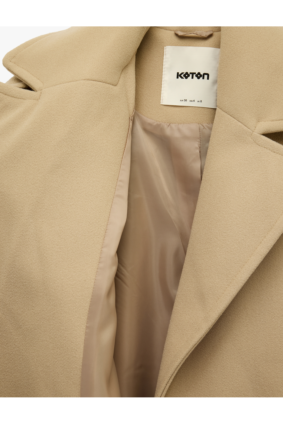 Koton  Uzun Kollu Cepli Düğmeli Kuşak Detaylı Kruvaze Kaşe Trenç Kaban - Görsel 6