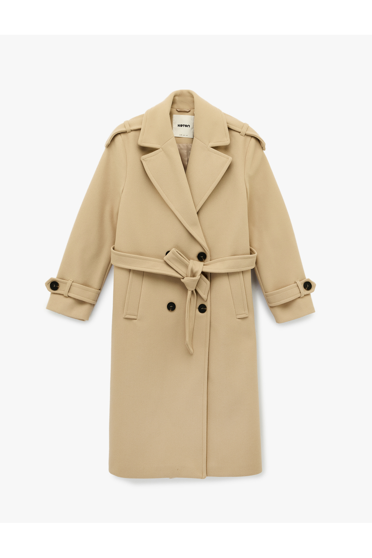 Koton  Uzun Kollu Cepli Düğmeli Kuşak Detaylı Kruvaze Kaşe Trenç Kaban - Görsel 3