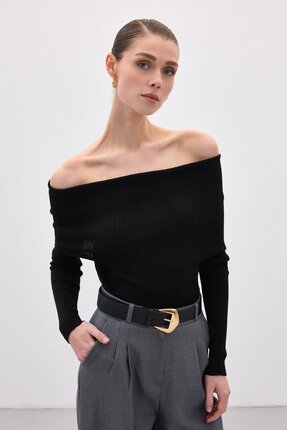 Maxi modena Madonna Yaka Fitilli Siyah Triko Bluz – Omuz Dekolteli Uzun Kollu...