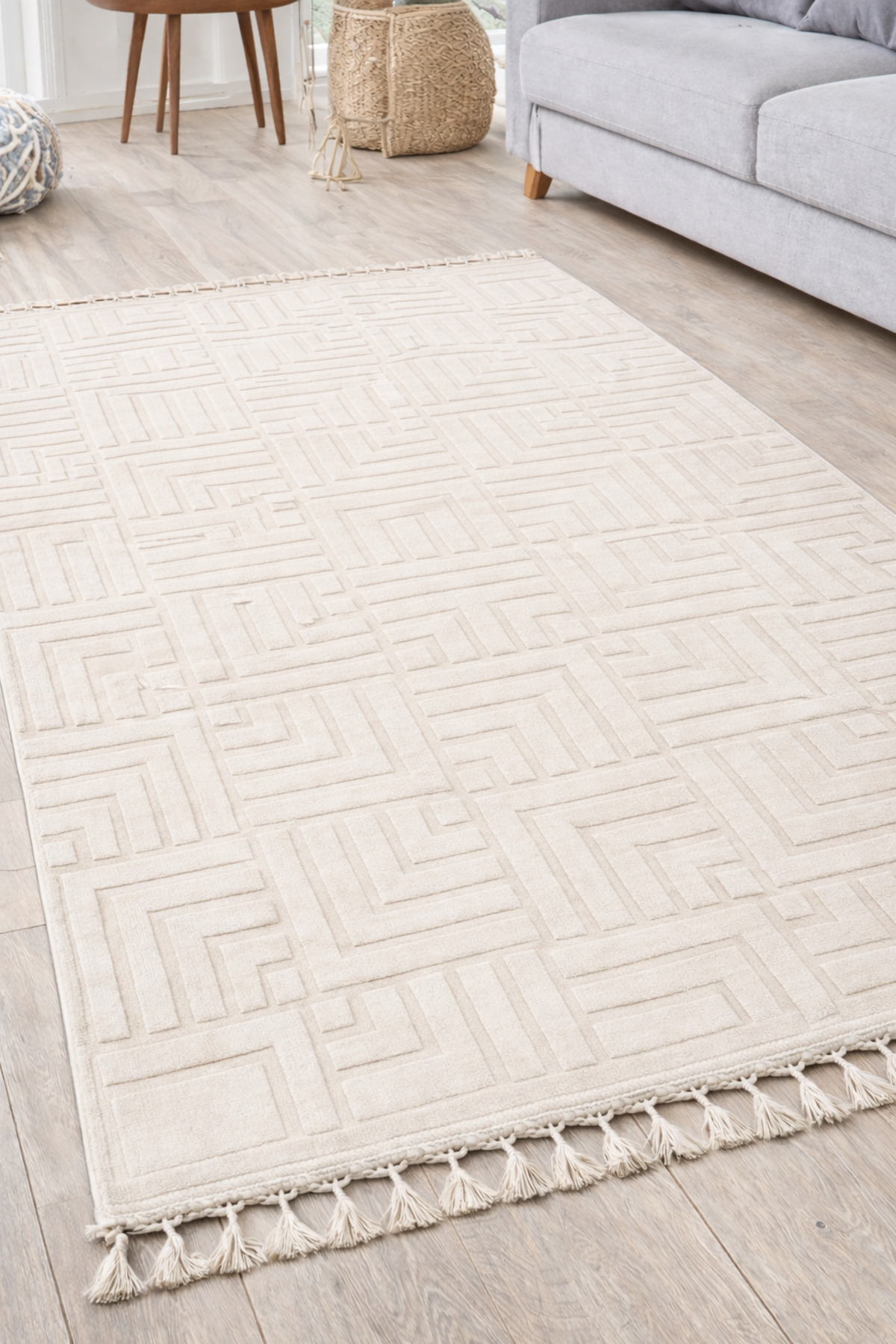 Relief Knit Fringed Fountain Elite Anti-Slip Floor Living Room Kitchen Corridor Carpet Runner Rug CREAM