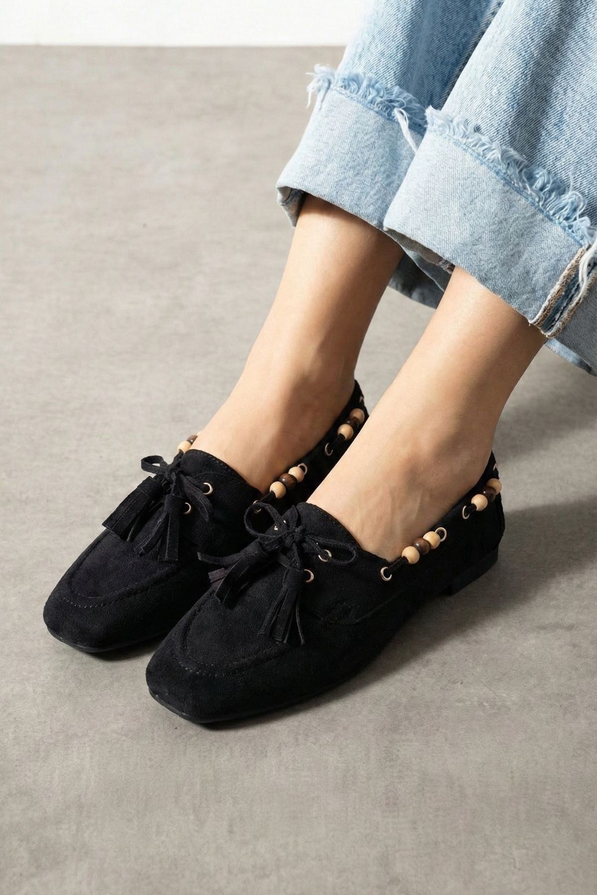 FUGA MODA  Tessora Siyah Süet Boncuk Detaylı Püsküllü Bağcıklı Loafer Babet Günlük Ayakkabı - Görsel 3