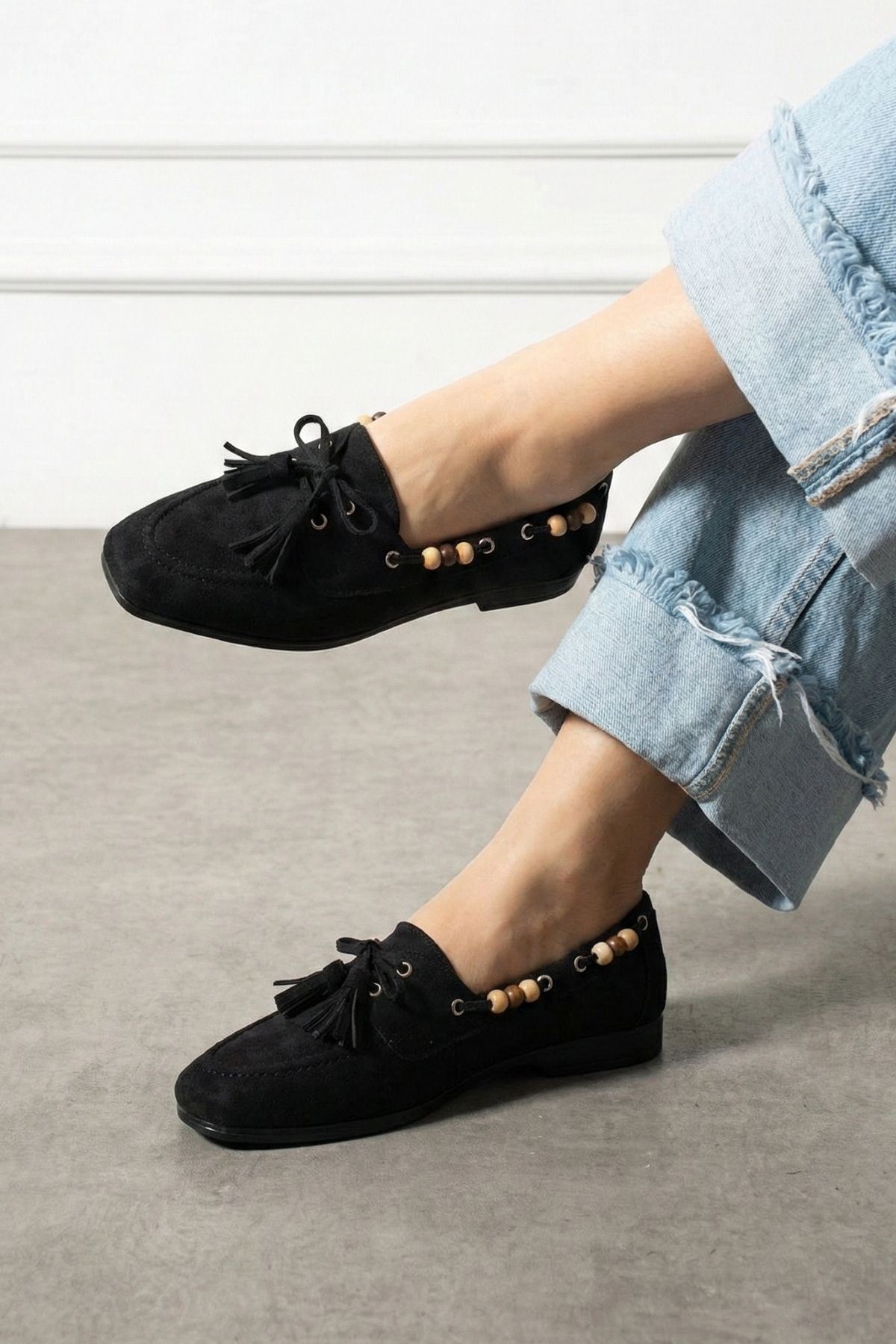 FUGA MODA  Tessora Siyah Süet Boncuk Detaylı Püsküllü Bağcıklı Loafer Babet Günlük Ayakkabı