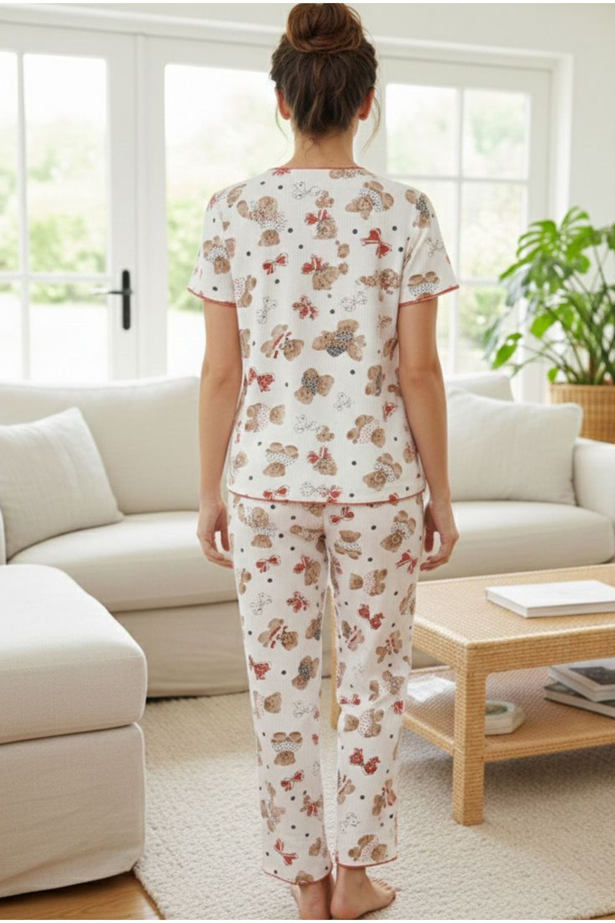 Siyah İnci  ekru ayıcık desenli Yumuşak Tuşe Yazlık Fitilli Pamuklu Örme Pijama Takım 7994 - Görsel 3