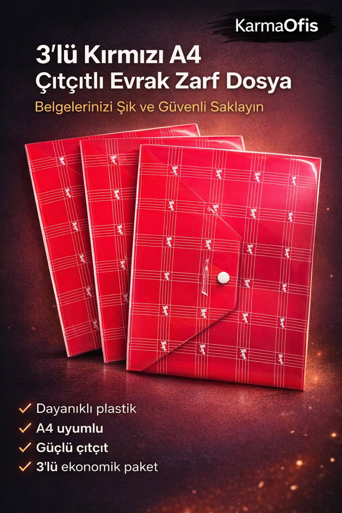 KarmaOfis 3'lü Kırmızı A4 Çıtçıtlı Evrak Zarf Dosya – Dayanıklı