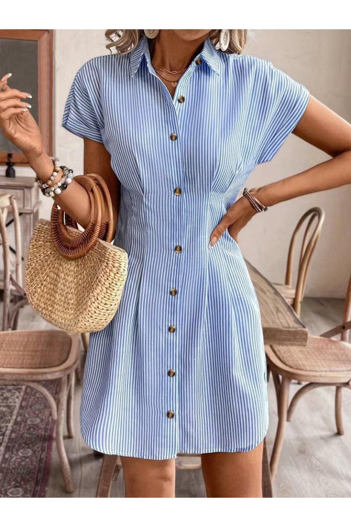 Kokosh moda  Kadın Düğme Detaylı Kısa Kollu Mini Trikoton Elbise - Görsel 2