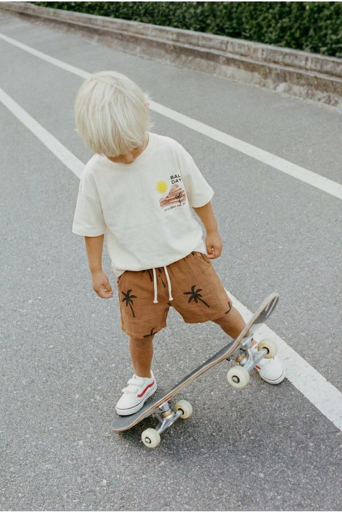 Boys Cotton Ecru Bali Days Printed T-Shirt and Palm Patterned Shorts Set