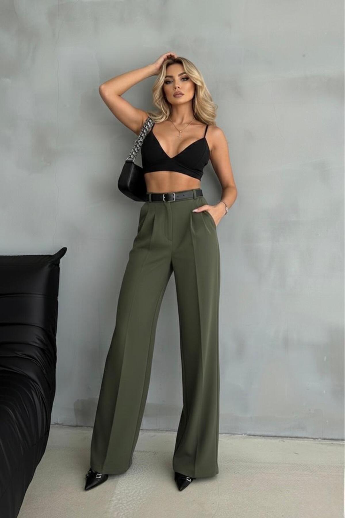 JACK CAPRİO  Kadın Palazzo Pileli Pantolon İthal DoubleFace Kumaş Yüksek Kaliteli Ürün Yüksek Bel Kemerli - Görsel 3