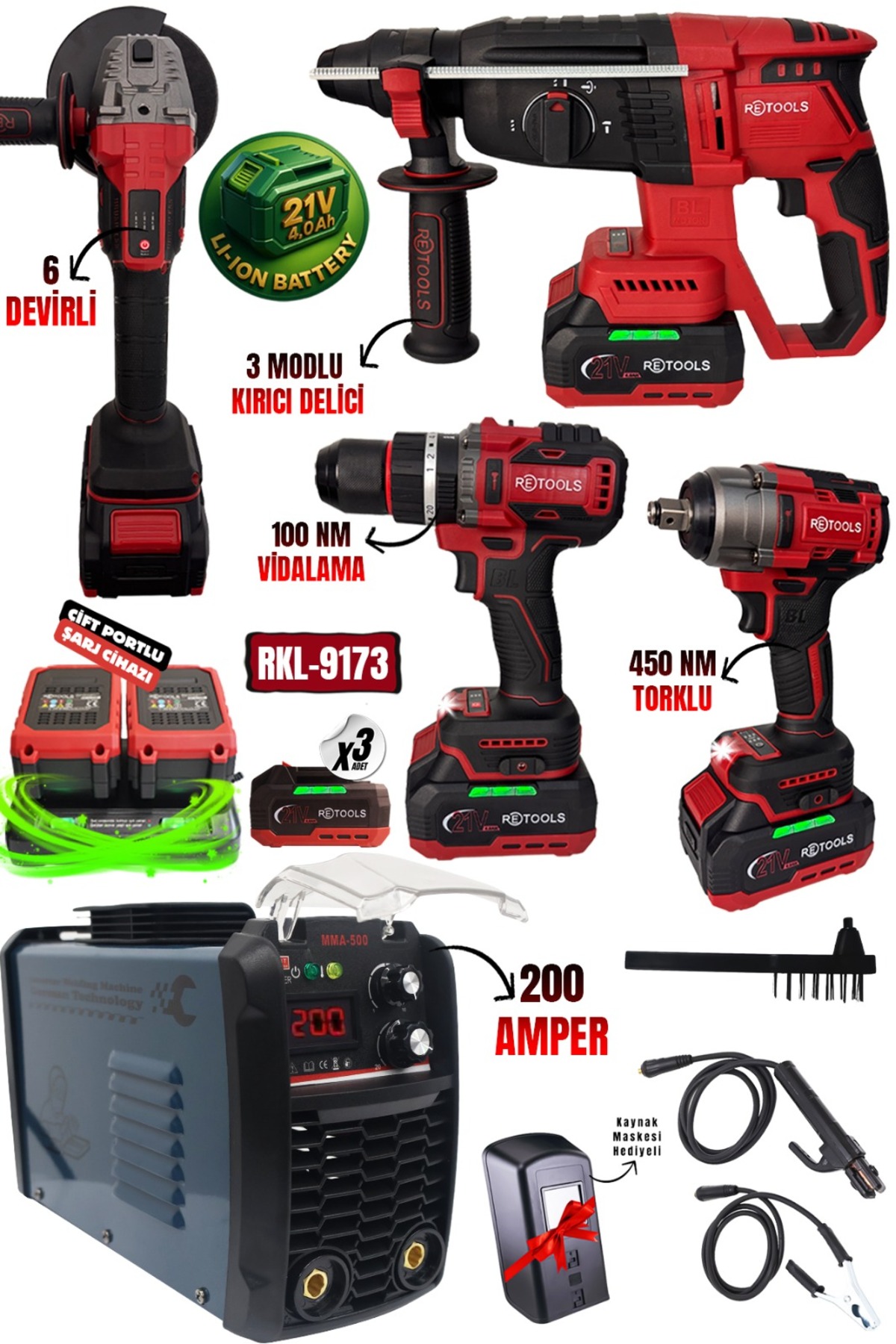 RETOOLS RKL-9173 BORDO 5 LI SET (4 LÜ SET + 200 AMPER KAYNAK