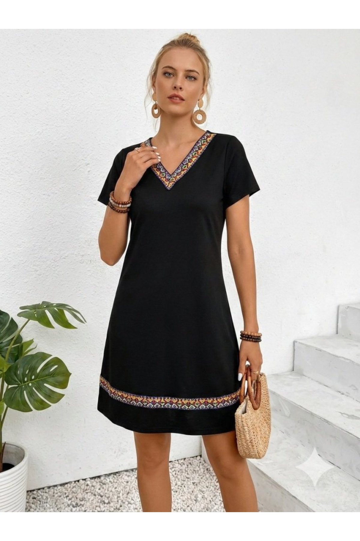 JANES  Kadın Kısa Kollu V Yakalı Etnik Desen Şerit Detaylı Viskon Elbise, Yazlık-Rahat Tasarım - Görsel 2