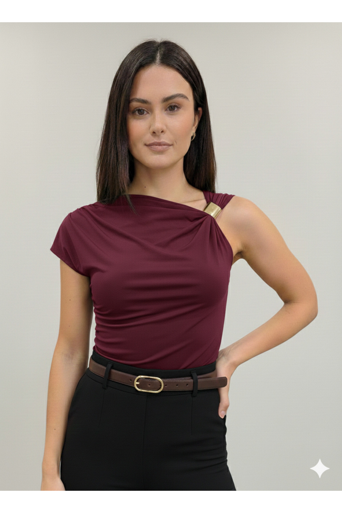 Shirred Shoulder Buckle Detailed Blouse Sendy Fabric