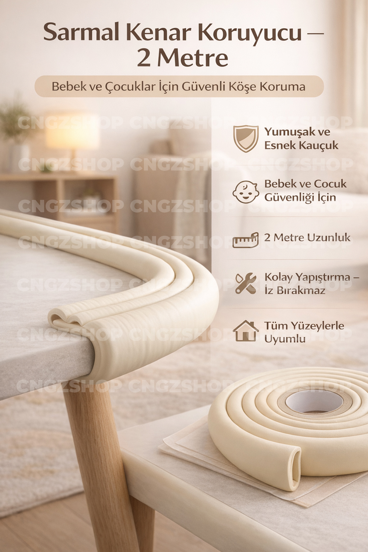 CNGZSHOP 2 Metre Sarmal Kenar Koruyucu – Bebek ve Çocuklar İçin Kalın Kauçuk Masa Köşe Kenar Koruma fotoğrafı 2 (önizleme)