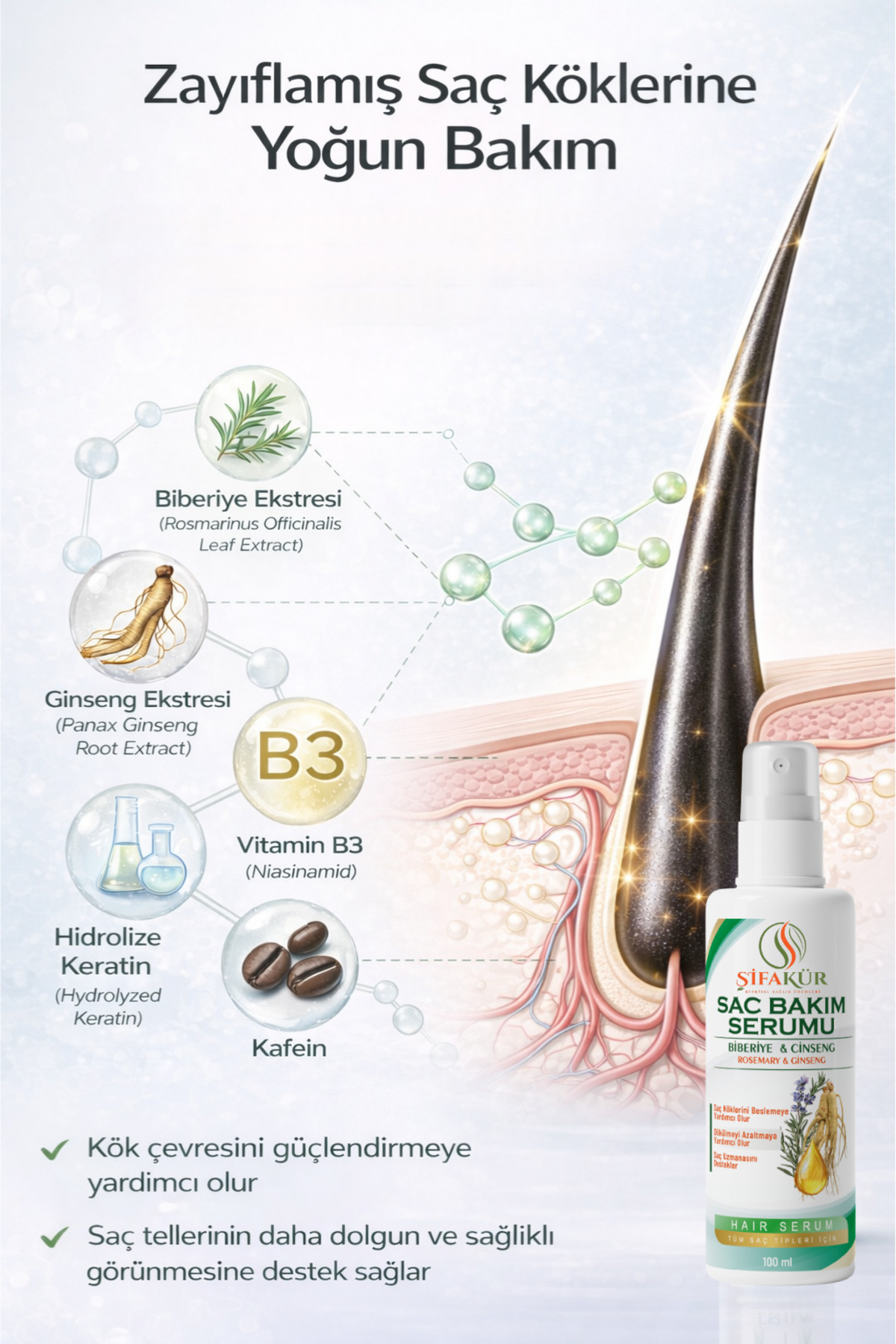 Saç Serumu 100 ml Biberiye Ginseng Biotin Keratinli Canlandırıcı Saç Bakım Serumu — SAÇBAKIMSERUMU — تصویر 3 از 7