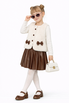 AHENGİM Kız Çocuk Peluş Yelekli Deri Piliseli Etek 3 lü Set Takım Ak2601