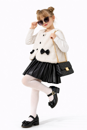 AHENGİM Kız Çocuk Peluş Yelekli Deri Piliseli Etek 3 lü Set Takım Ak2601