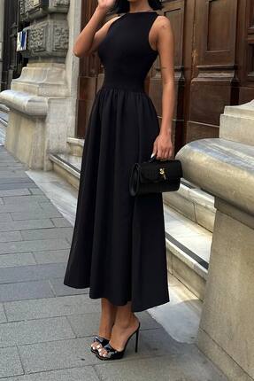 SEVENLINE Kadın Üstü Esnek Viskon Altı Atlas Dokuma Kolsuz Midi Elbise