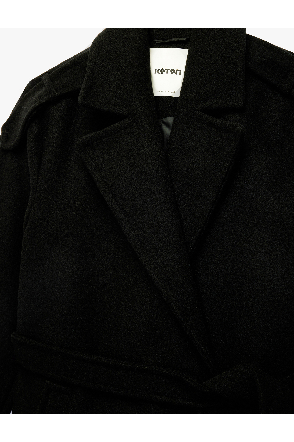 Koton  Uzun Kollu Cepli Düğmeli Kuşak Detaylı Kruvaze Kaşe Trenç Kaban - Görsel 4