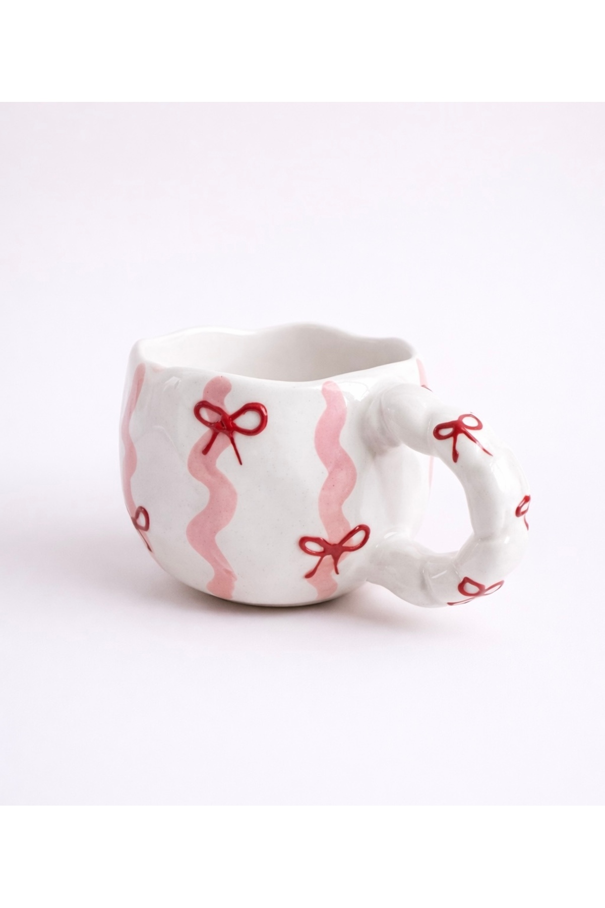 Handmade Ceramic Mug with Bow Pattern – Pink Coffee Mug with Handle