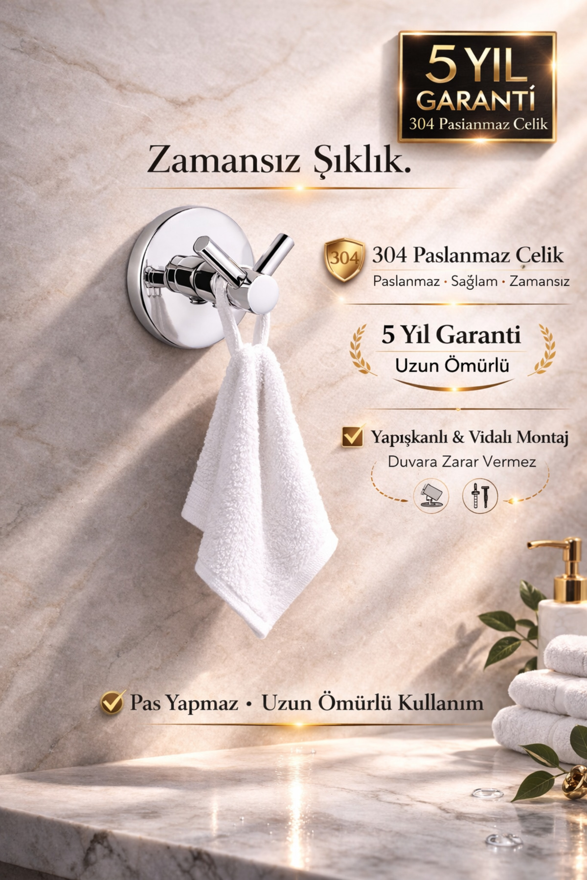 304 Stainless Steel V Bathrobe Towel Holder, Hanger – 5 Years Warranty – Adhesive & Screw Mounting