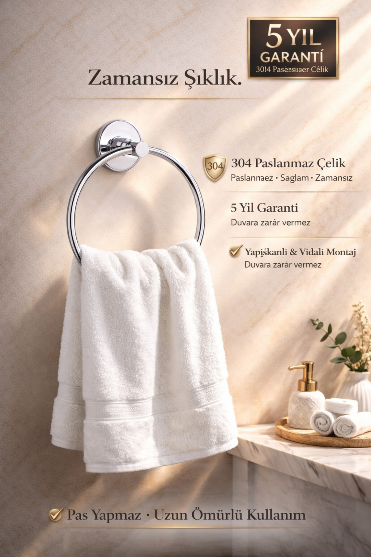304 Stainless Steel Round Towel Rack, Towel Hanger – 5 Years Warranty – Adhesive & Screw Mounting