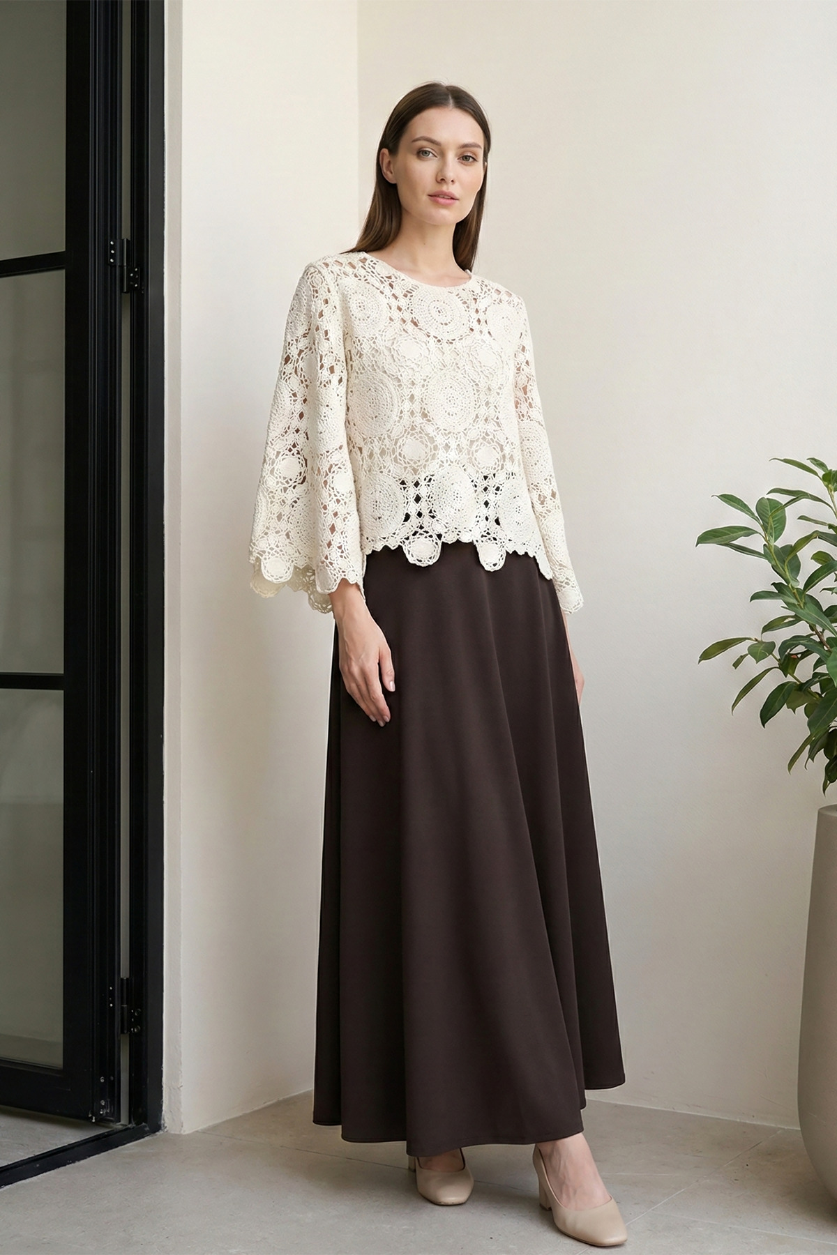 MODAQU  Beli Lastikli Kloş İthal Krep Kahverengi Etek