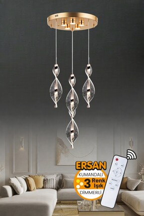 Ersan Avize Lena 4'lü Gold Kumandalı 3 Renk Işık Özellikli Dimmerli Modern Sa...