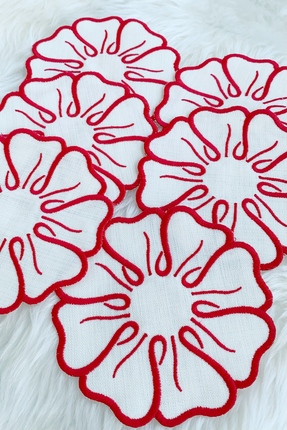 Mora Tekstil 6’lı Çiçek Nakışlı Sunum Peçetesi – Keten Kumaş Kahve Yanı & Dav...