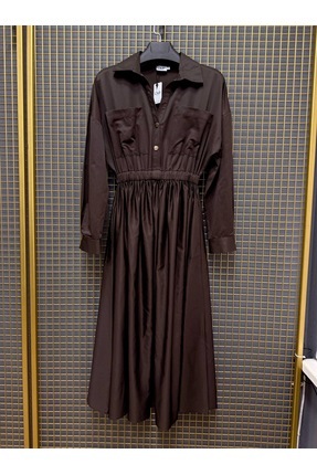 LUMİ Belden Lastikli Midi Gömlek Elbise – İpek Saten Kumaş, Uzun Kollu, Cepli