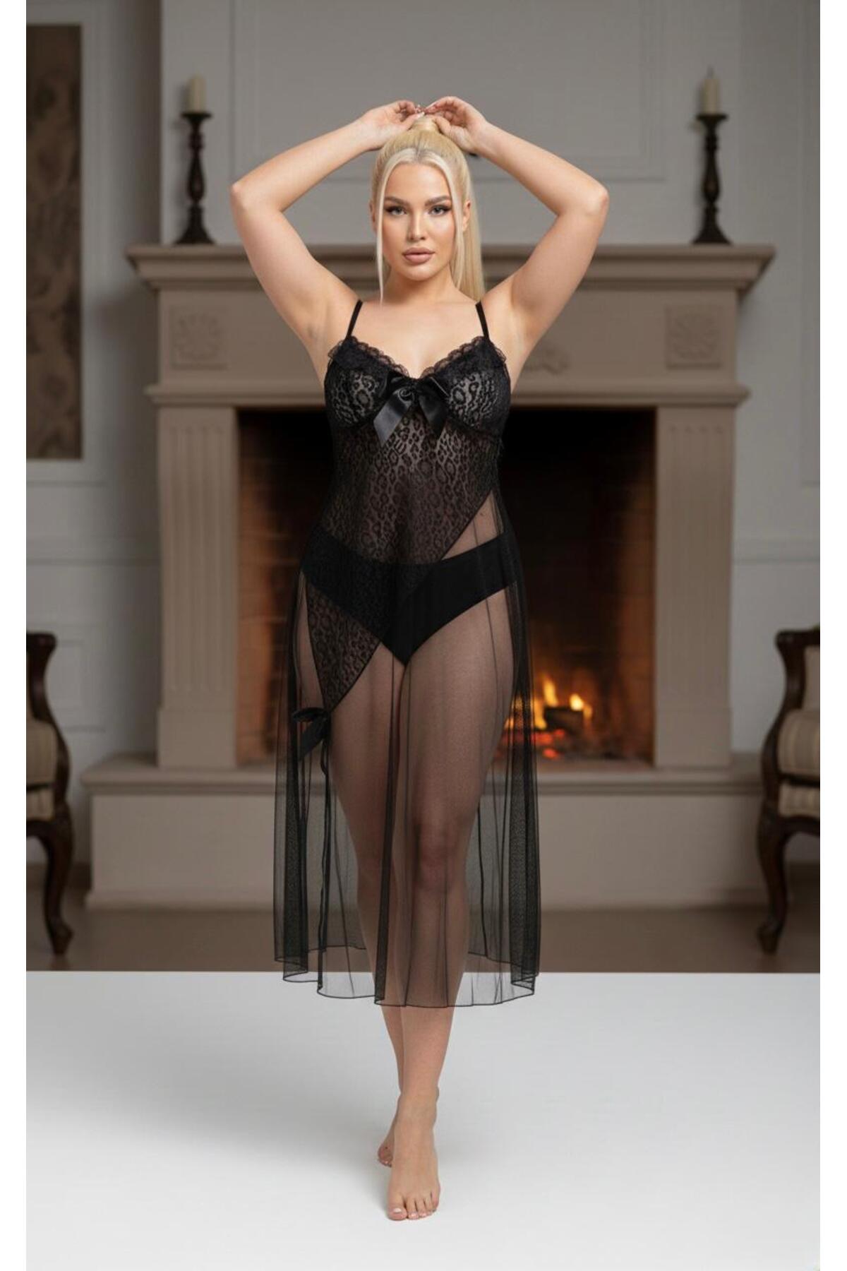 NUİTAMORE Uzun Tül Detaylı Kadın Gecelik – Dantel İşlemeli Zarif Tasarım (Kırmızı / Siyah)