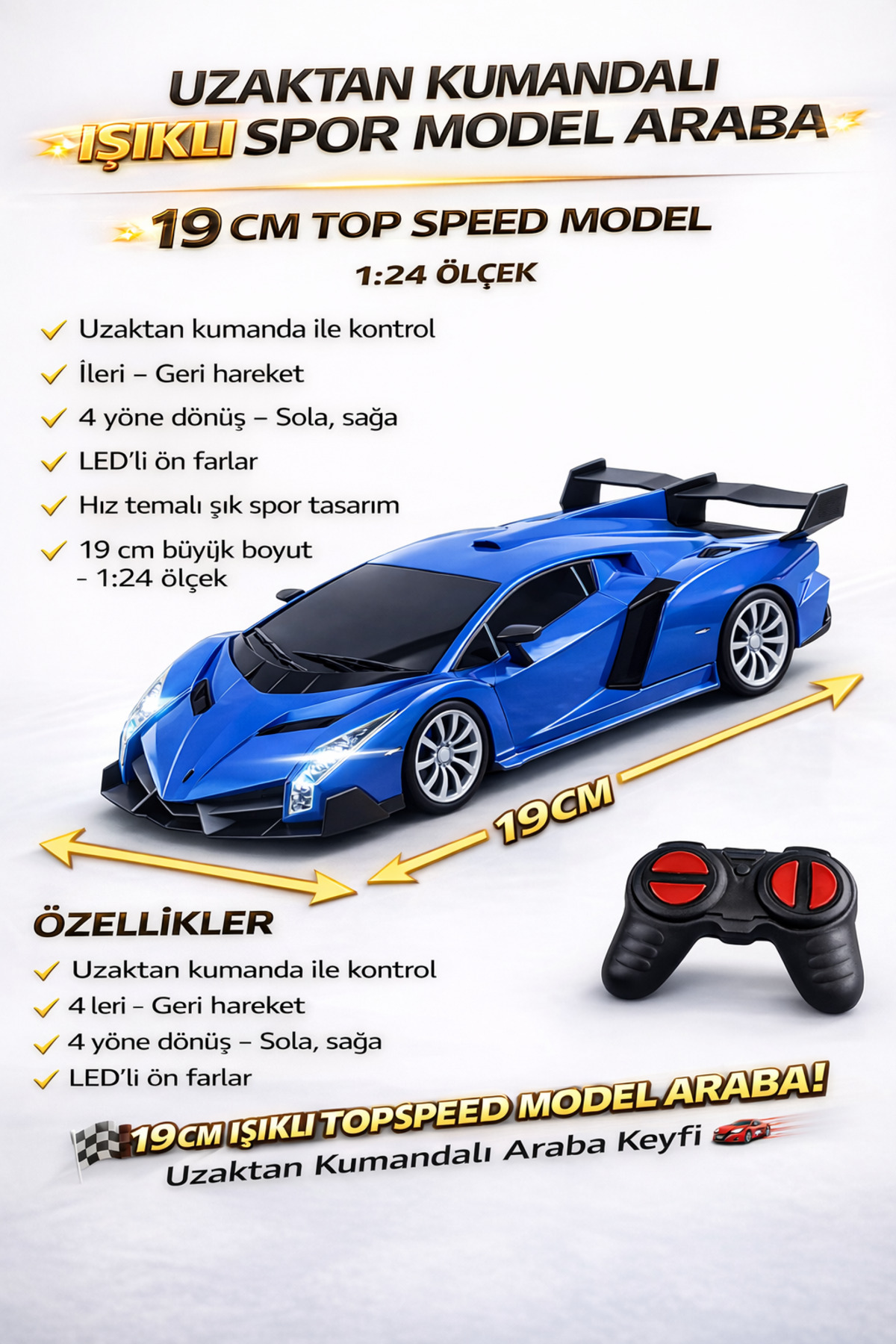 YILDIRIM OYUNCAK Uzaktan Kumandalı RC Lamborghini 19 CM Işıklı Spor Araba | Full Fonksiyon Pilli Yarış Arabası fotoğrafı 2 (önizleme)