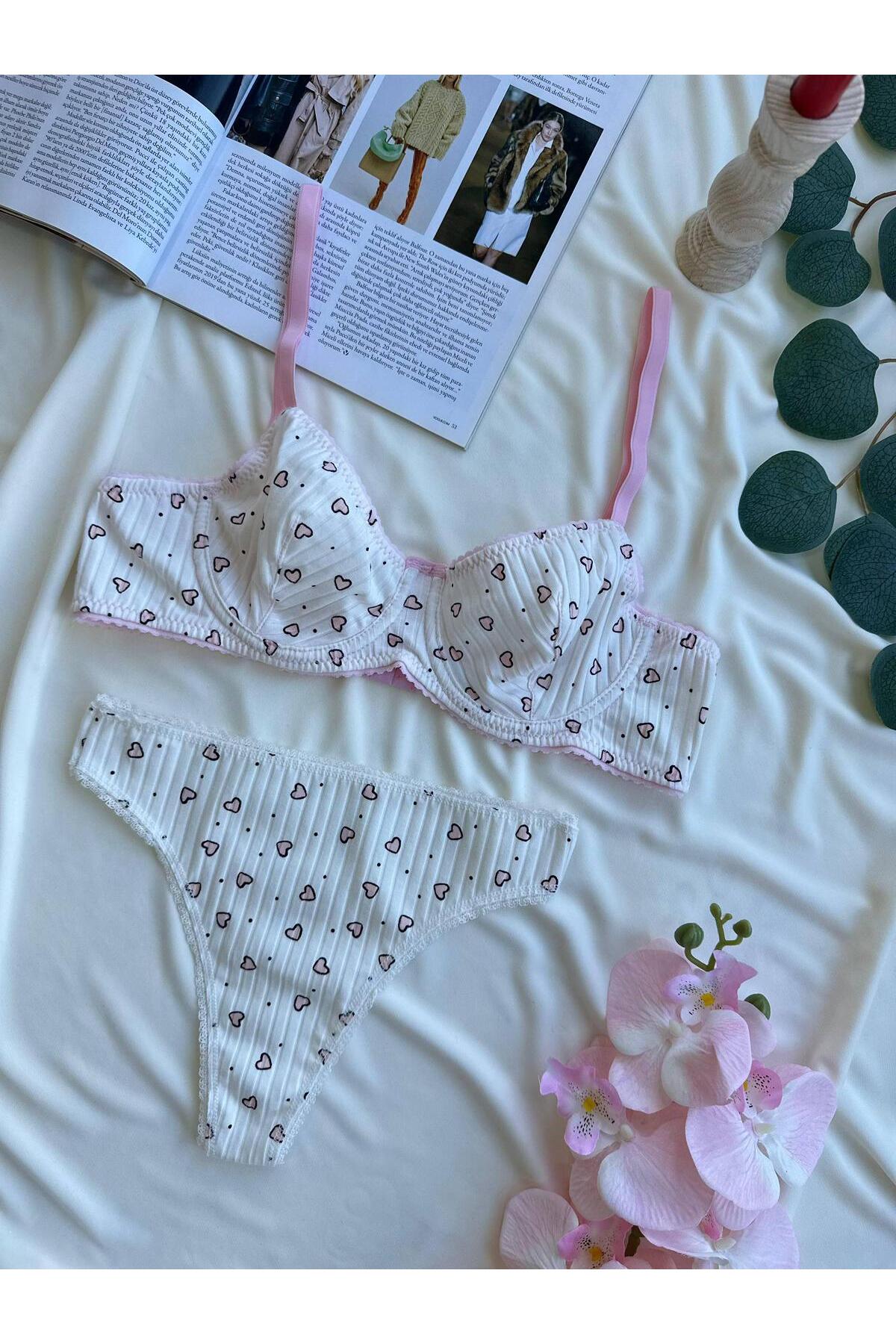 White Pink Hearted Bra & Thong Set with Cotton Underwear – Breathable Casual Underwear Set